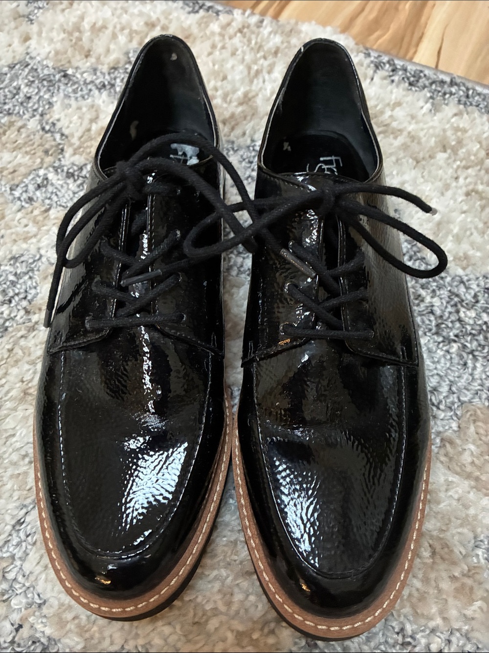 Franco Sarto Black Patent Leather Derby Shoes with Brown Welt